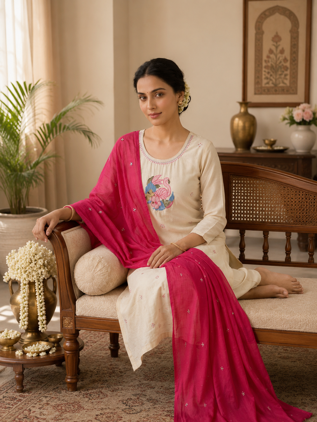 Elegant Off-White Pure Khadi Cotton Embroidered Suit Set with Rani Pink Dupatta