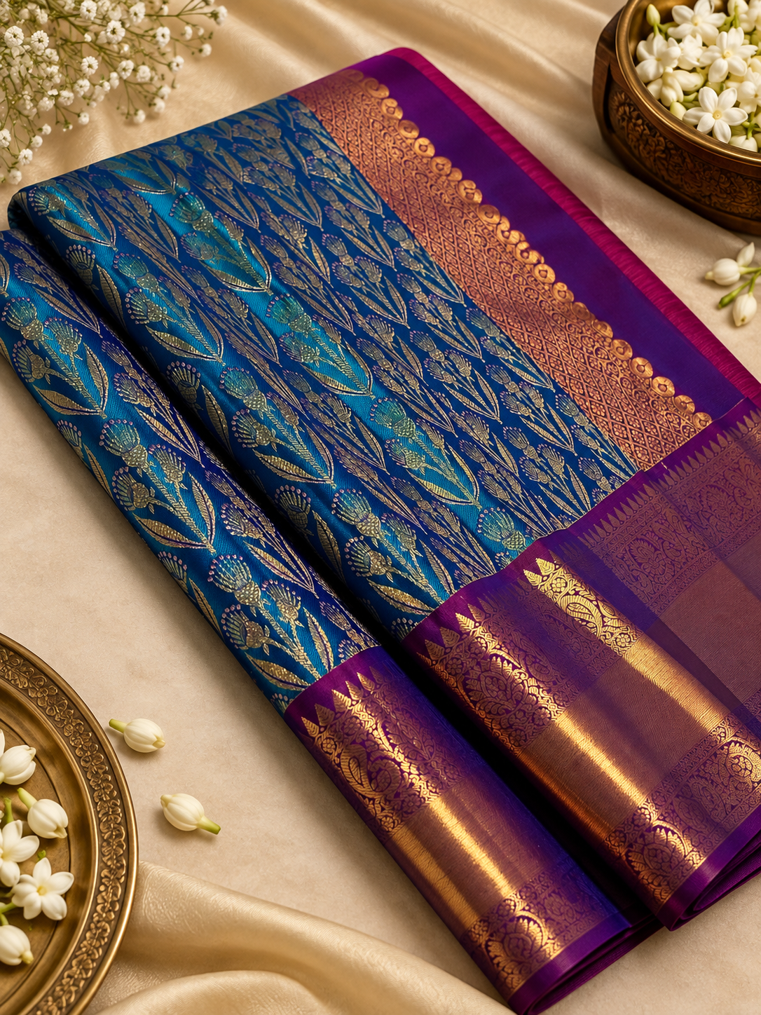 Attractive Rama Woven Soft Banarasi Silk Saree with Gold Zari Floral Jaal