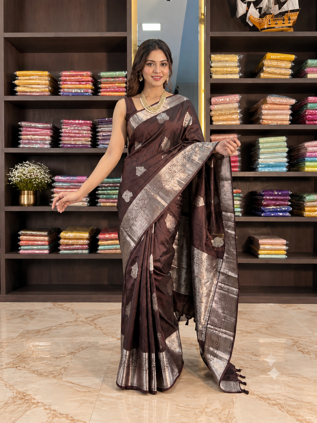 Very Beautiful Brown Soft Banarasi Silk Saree with Elegant Blouse Piece