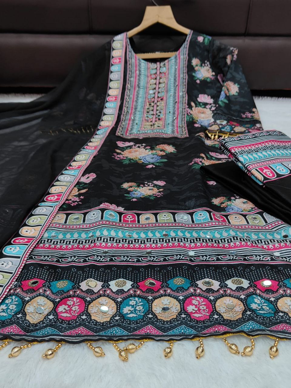 Elegant Black Chinon Silk Embroidered Salwar Suit with Fancy Mirror Work