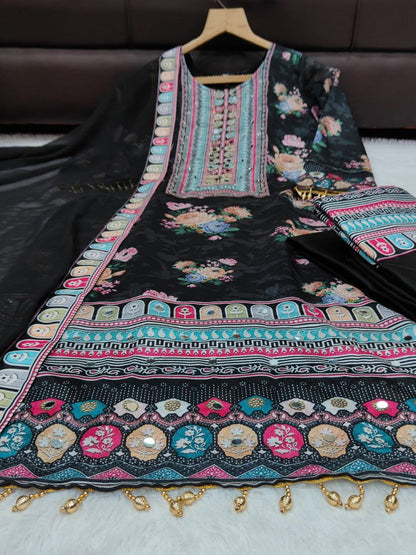 Elegant Black Chinon Silk Embroidered Salwar Suit with Fancy Mirror Work