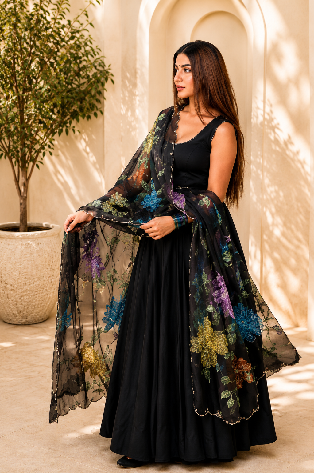 Premium Black Natural Crepe Anarkali Suit Set With Colorful Floral Dupatta