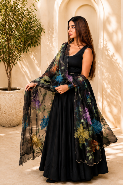 Premium Black Natural Crepe Anarkali Suit Set With Colorful Floral Dupatta