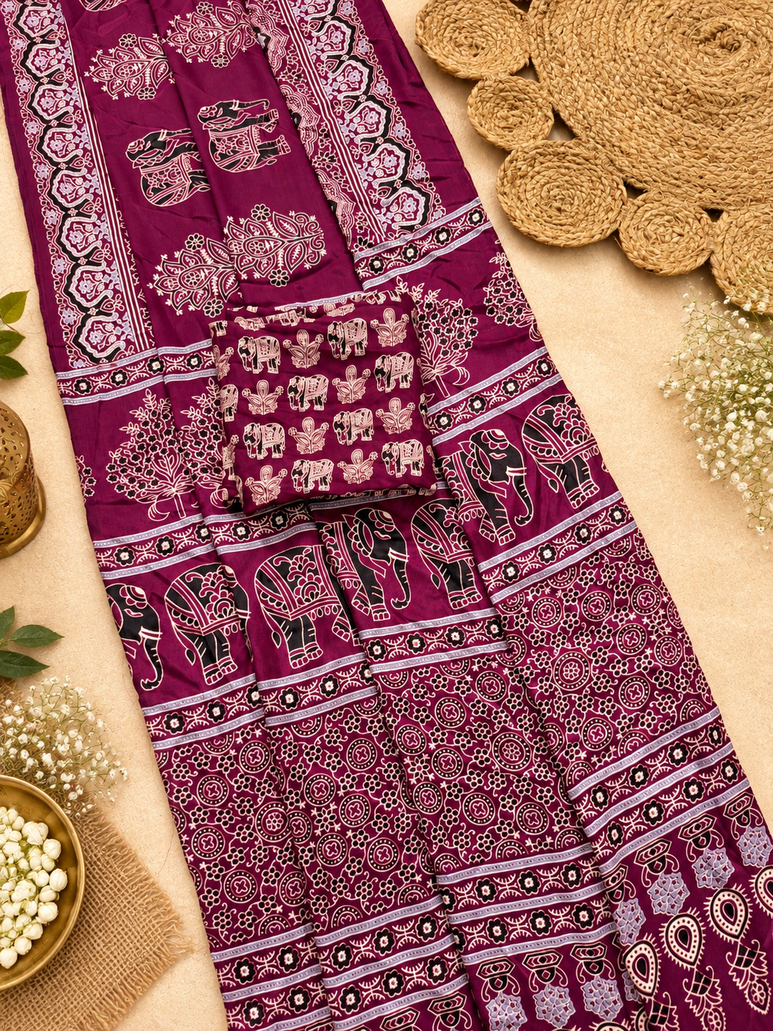 Premium Wine Purple Gajji Silk Saree with Traditional Ajrakh Print