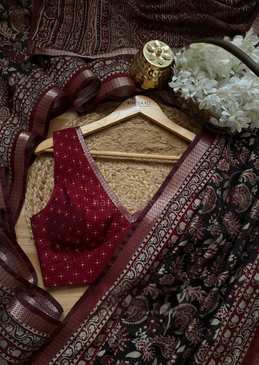 Elegant Premium Silk Cotton Kalamkari Print Saree with Zari Border