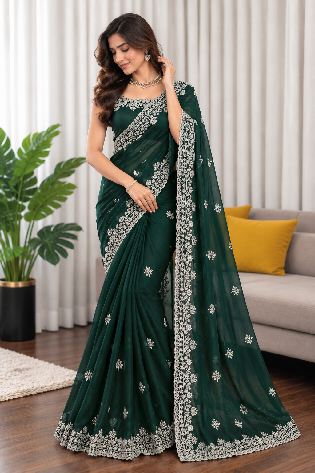 Elegant Emerald Green Fendy Silk Saree