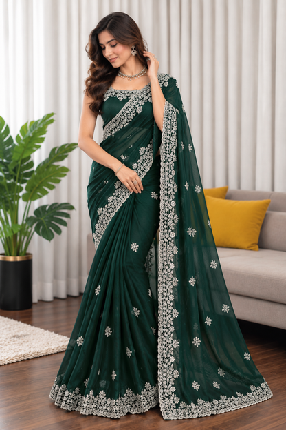 Elegant Emerald Green Fendy Silk Saree