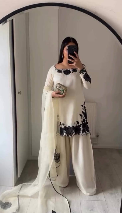 Elegant Cream Fendy Silk Embroidery Suit Set