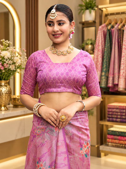 Ira Pink – Premium Printed Soft Tussar Silk Saree