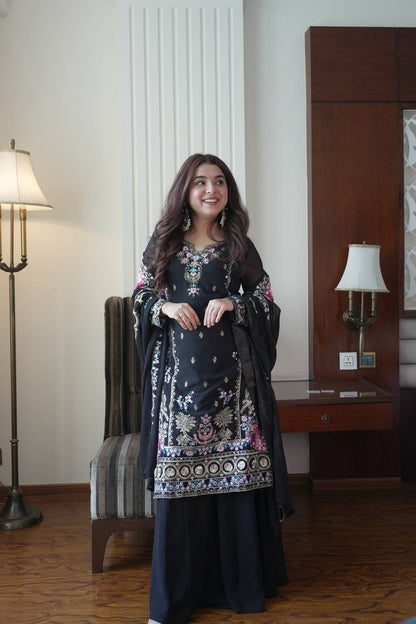 Elegant Black Fox Georgette Designer Suit Set With Embroidery Dupatta