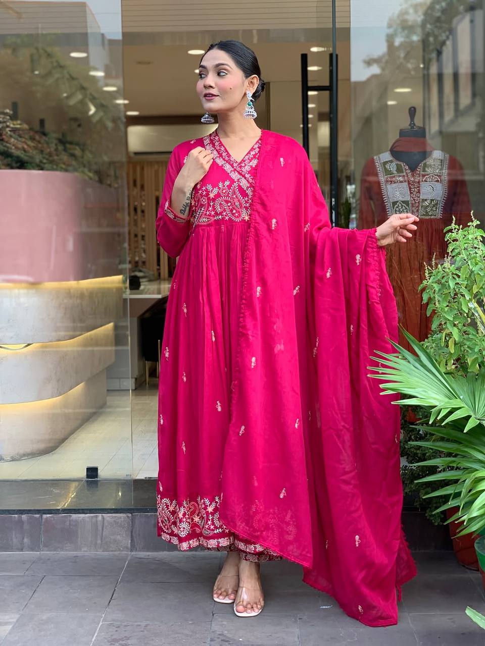 Premium Rani Pink Roman Silk Festive Angrakha Suit Set with Dupatta