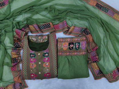 Attractive Mahendi Green Printed Model Satin Suit Set with Fancy Mirror Work