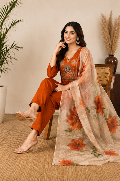 Elegant Rust Premium Roman Silk Embroidered Suit Set with Floral Dupatta