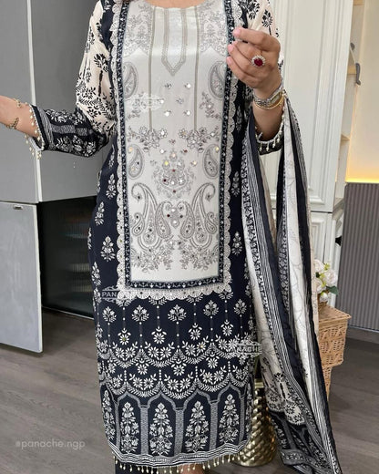 Premium Black and White Chinon Silk Salwar Suit with Premium Diamond Hand Work