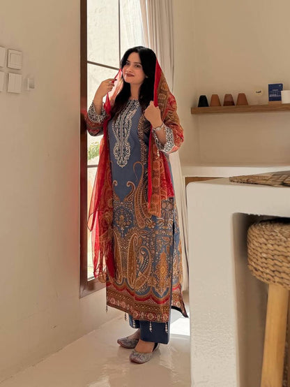 Elegant Blue Printed Chinon Anarkali Suit Set With Diamond Work