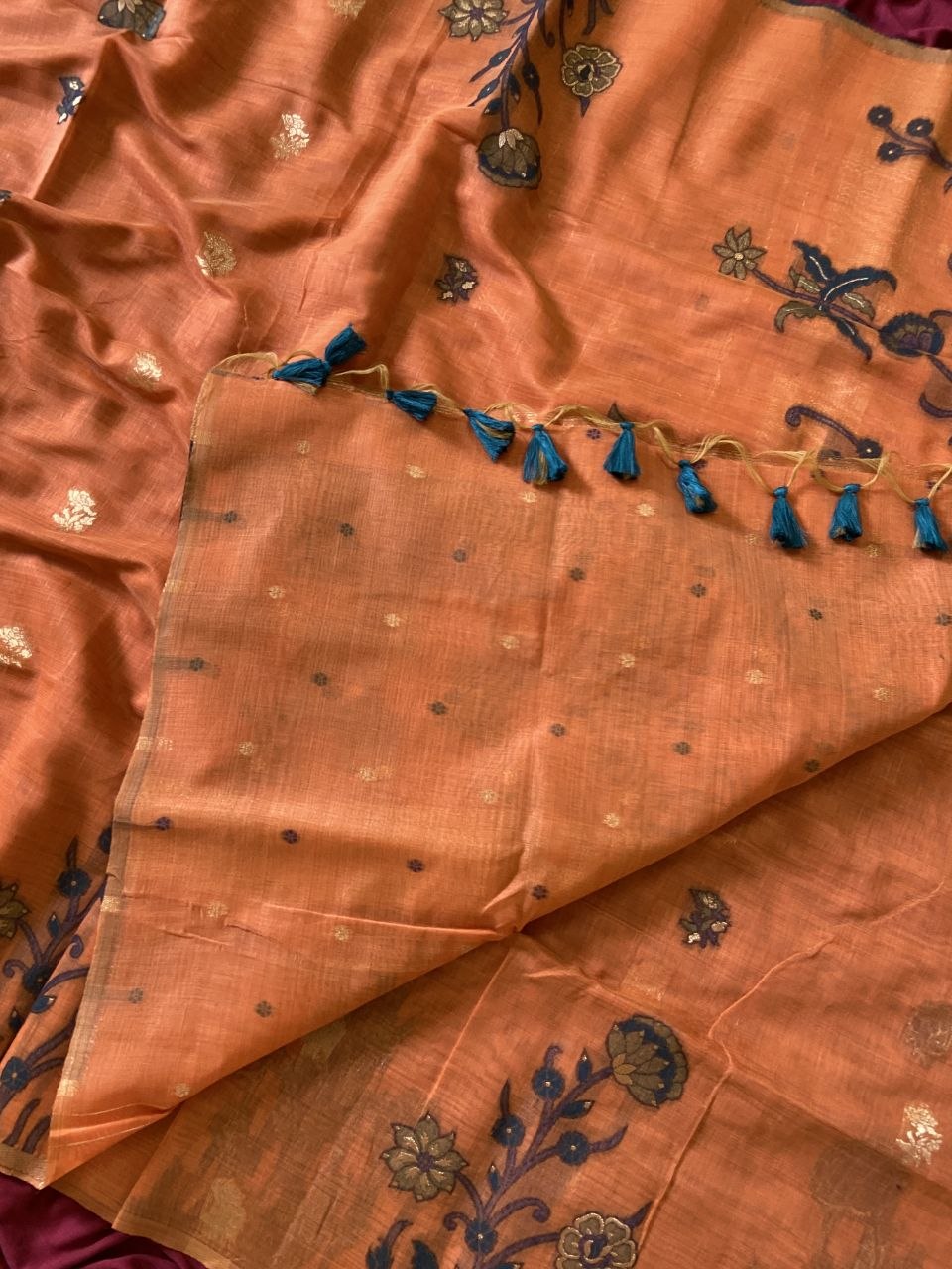Kiara - Rust Orange Resham Woven Soft Muga Cotton Saree