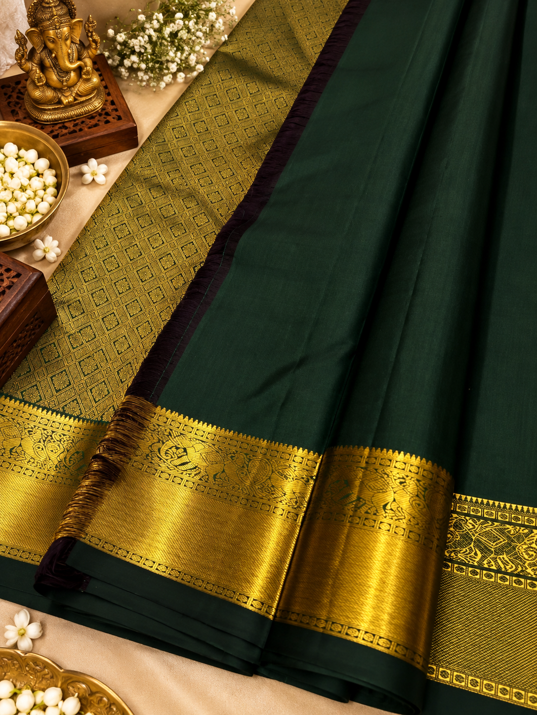 Emerald Elegance Dark Green Soft Banarasi Silk Saree with Gold Zari Border