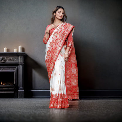 White & Red Soft Banarasi Silk Saree With Zari Weaving Work