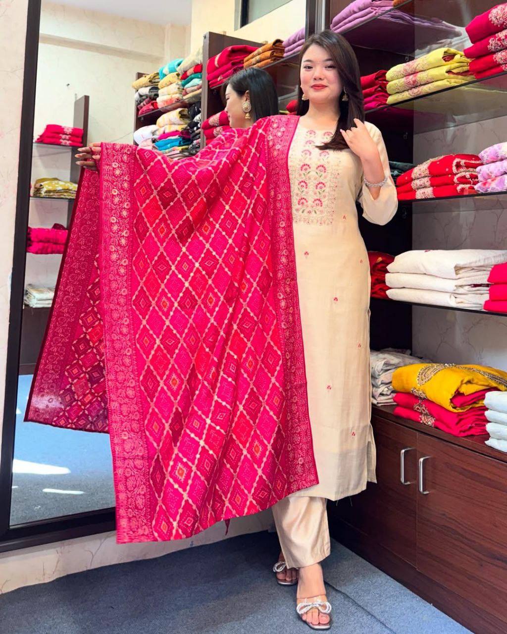 Elegant Cream Roman Silk Embroidered Suit Set with Banarasi Dupatta