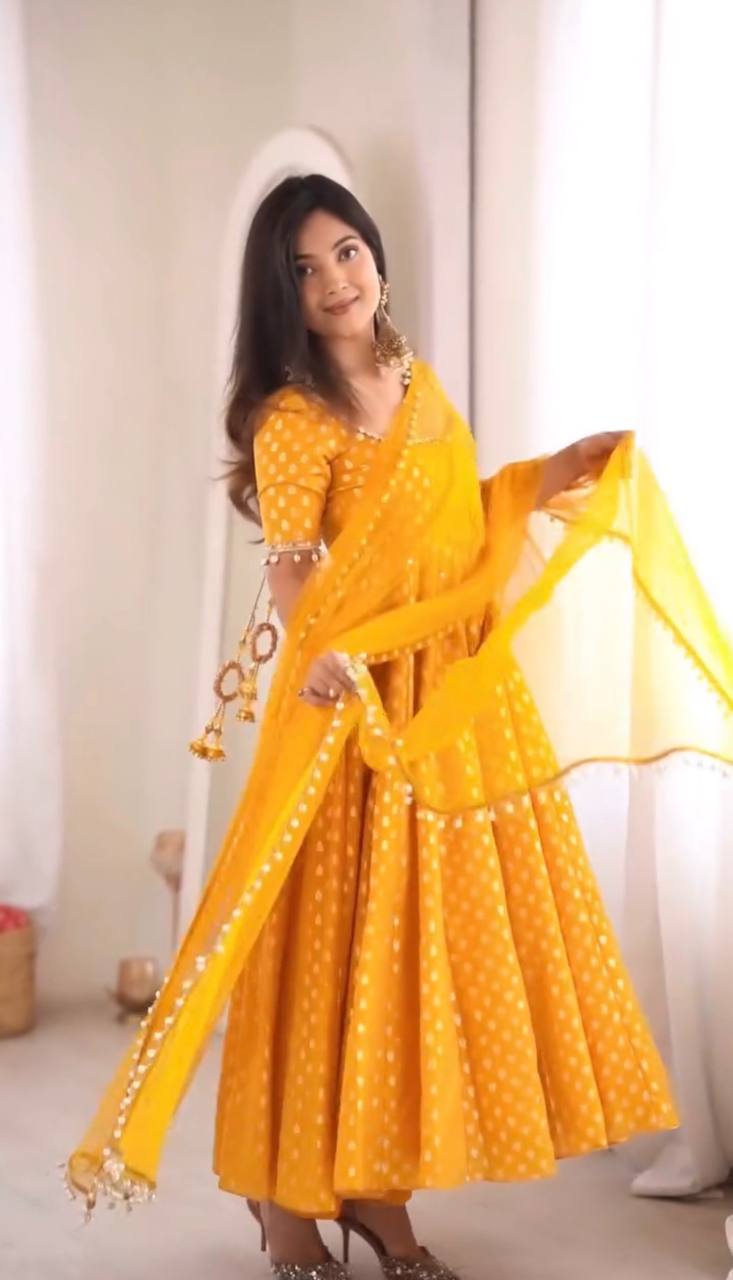 Elegant Mustard Yellow Chanderi Jacquard Anarkali Suit Set with Mirror Work