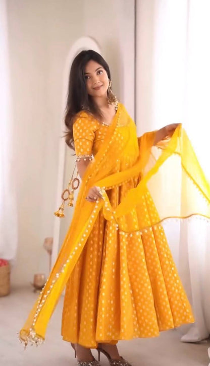 Elegant Mustard Yellow Chanderi Jacquard Anarkali Suit Set with Mirror Work
