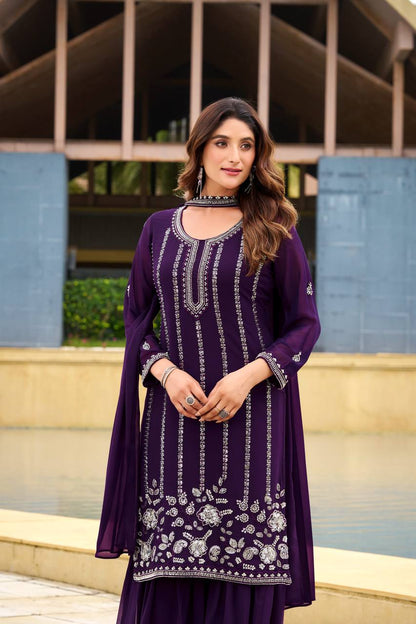 Royal Purple Georgette Embroidered Sharara Suit Set with Sequin Work