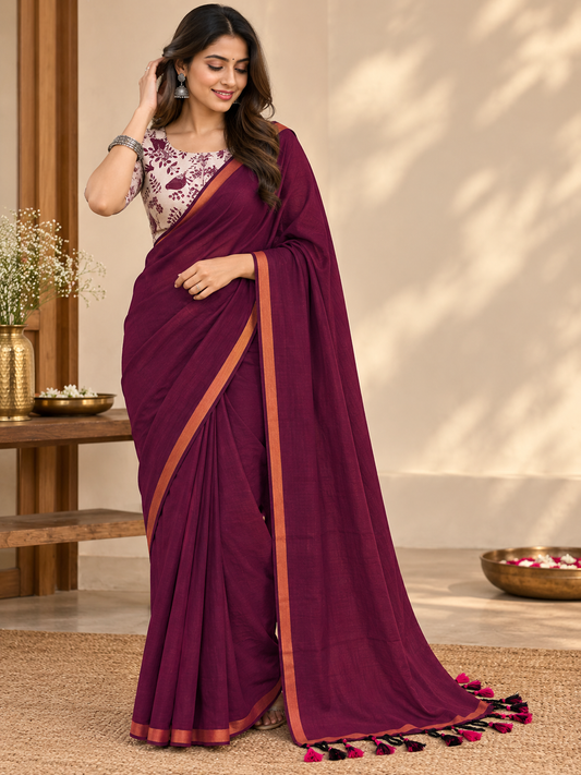 Very Beautiful Maroon Handloom Cotton Saree With Jari Border