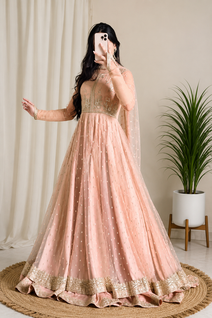 Peach Faux Georgette Thread and Sequence Anarkali Suit Set