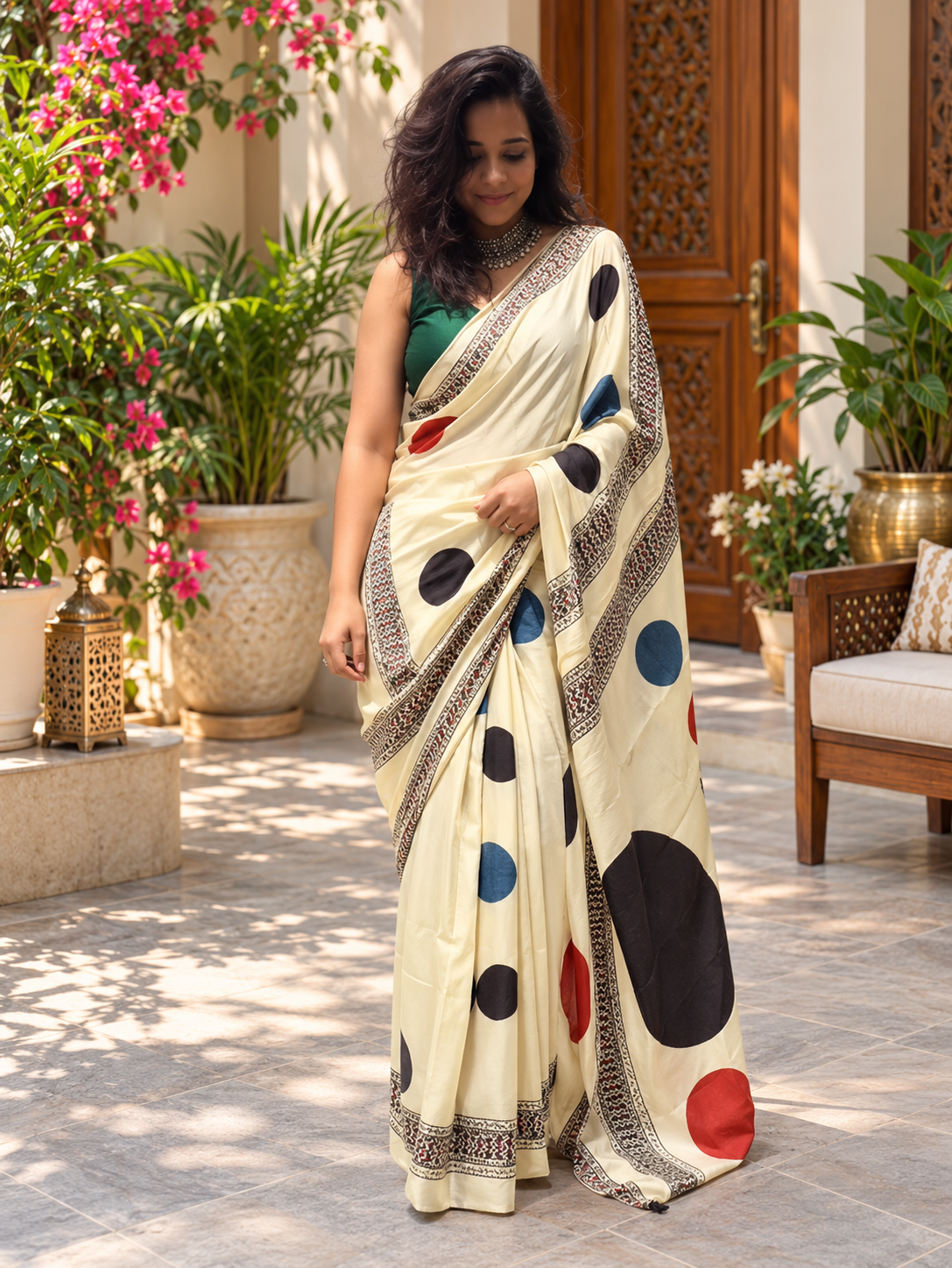 Trendy Cream Hand Block Printed Modal Silk Saree