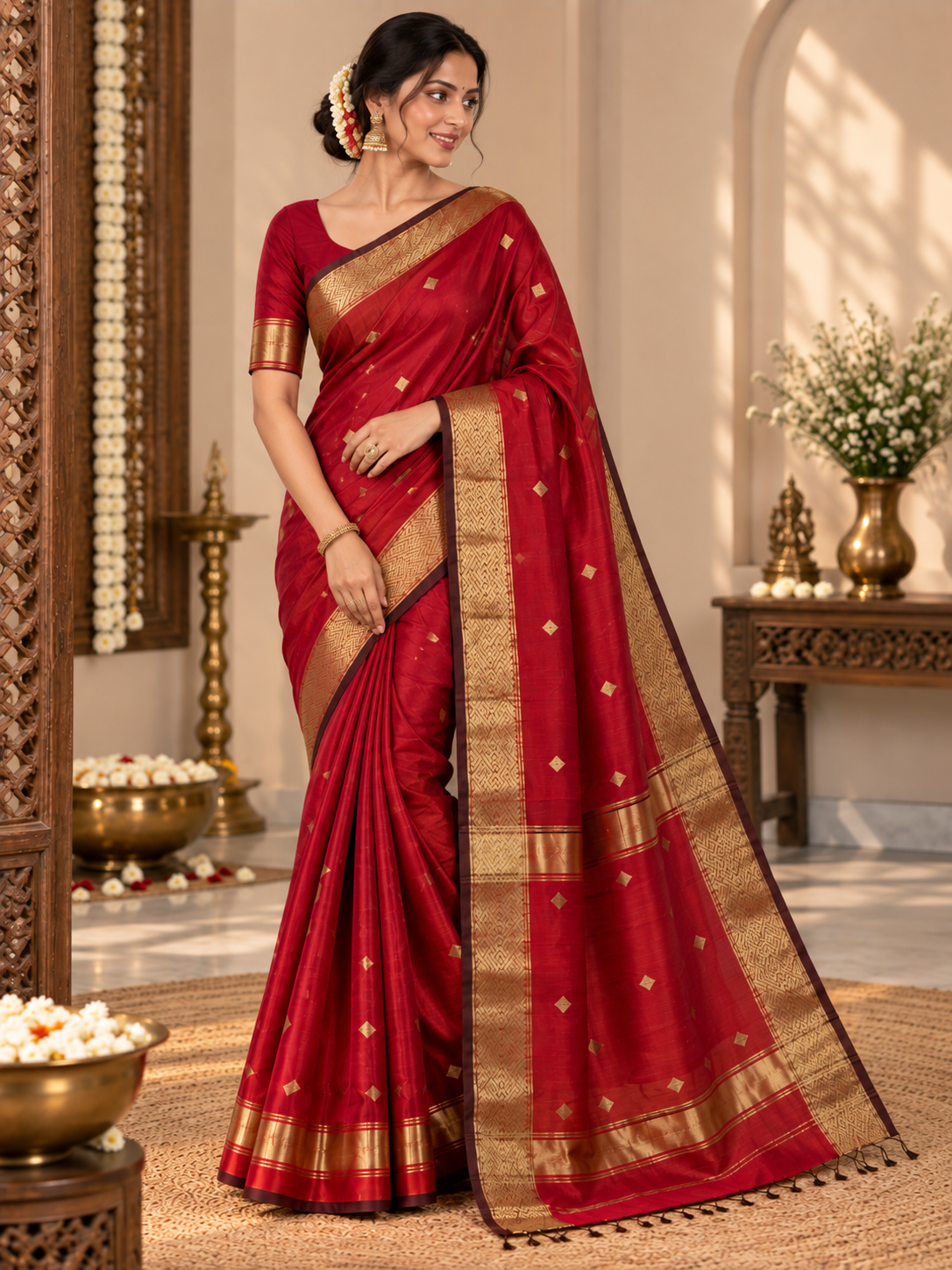 Royal Red Handloom Maheshwari Cotton Silk Sarees