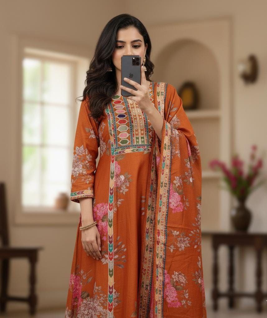 Elegant Rust Orange Soft Muslin Anarkali Salwar Suit Set with Digital Floral Print