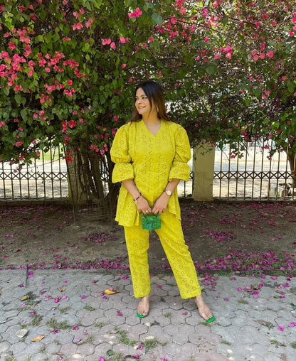 New Designer Lime Green Embroidered Cotton Co-ord Set