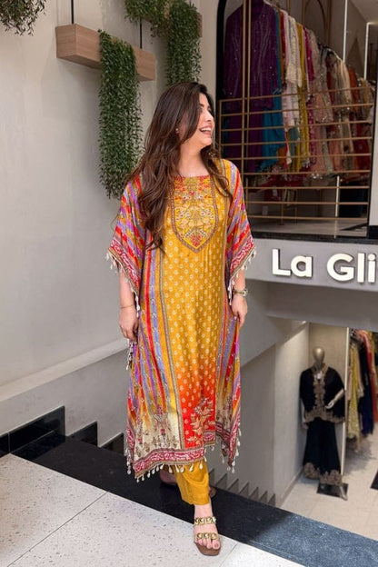 New Designer Pure Banana Silk Kaftan Set with Pants