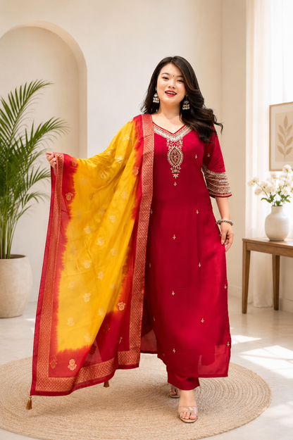 Very Attractive Berry Silk Suit Set with Kanjivaram Dupatta