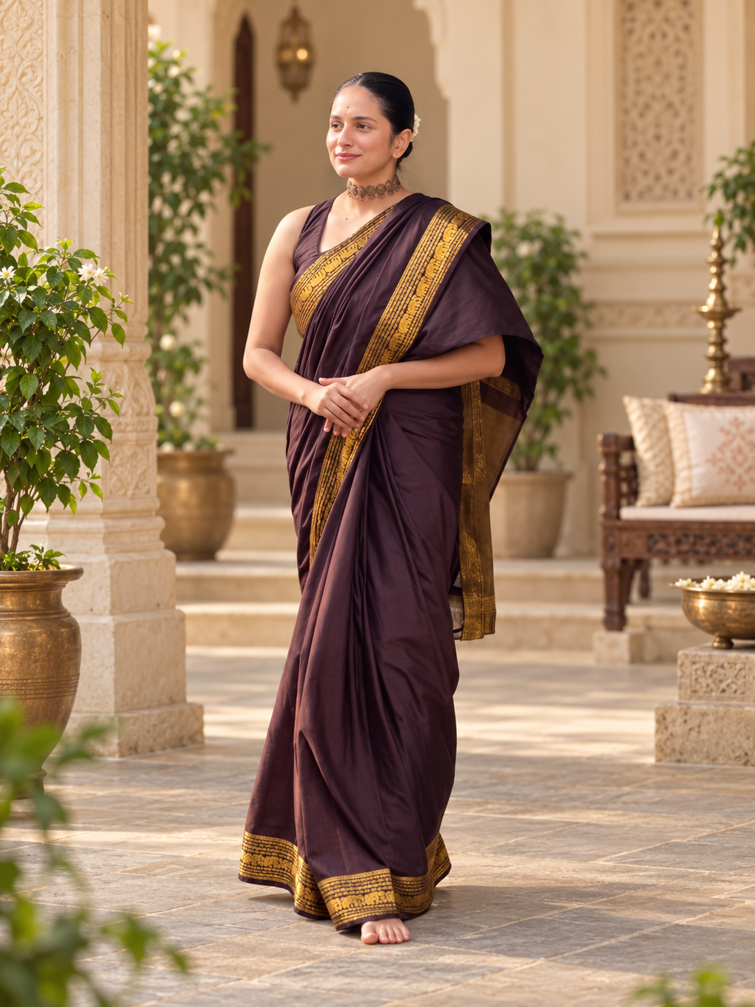 Elegant Dark Brown Kanjivaram Soft Silk Festive Saree