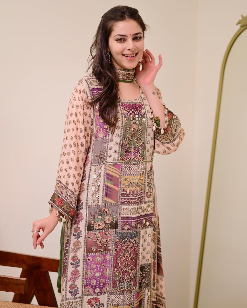 Festive Olive Green Patchwork Printed Chinon Suit Set with Fancy Mirror Work