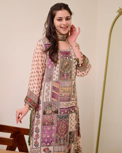 Festive Olive Green Patchwork Printed Chinon Suit Set with Fancy Mirror Work