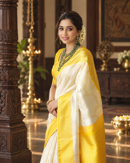 Traditional Soft Banarasi Silk Saree with Rich Golden Yellow Zari Pallu