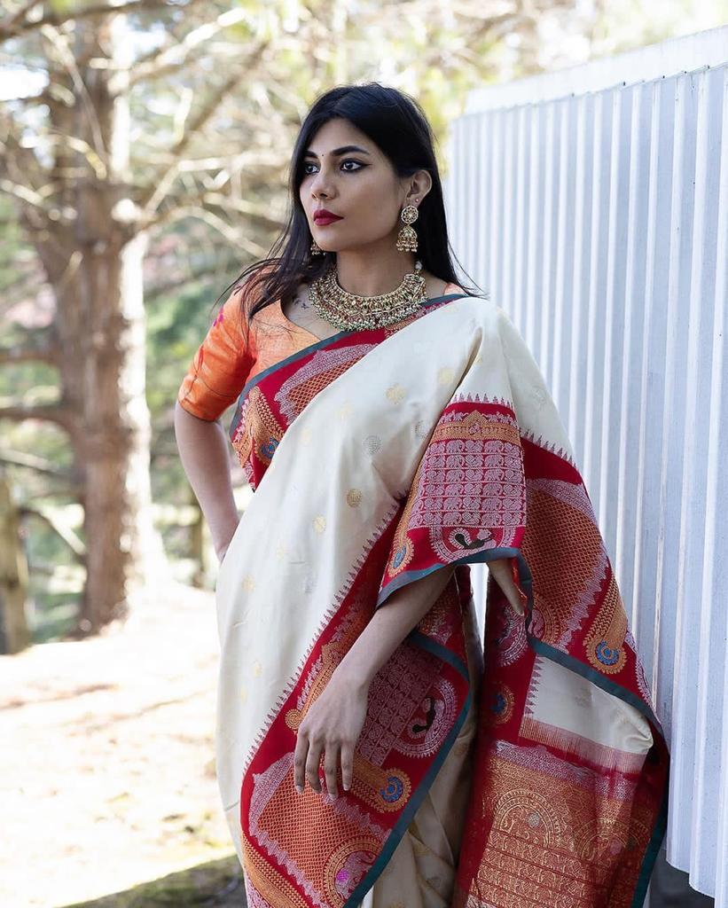 White & Red Soft Banarasi Silk Saree With Zari Weaving Work