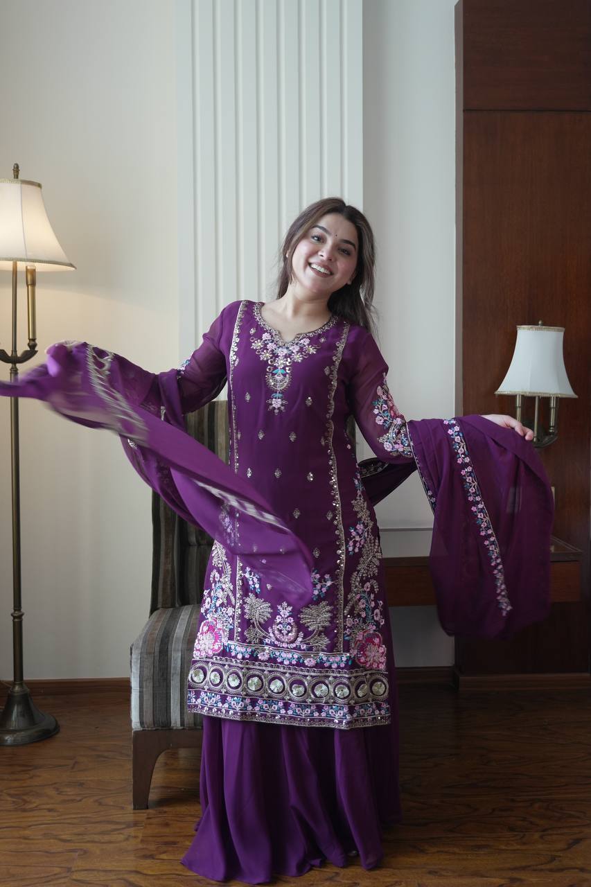Elegant Wine Fox Georgette Designer Suit Set with Embroidered Dupatta