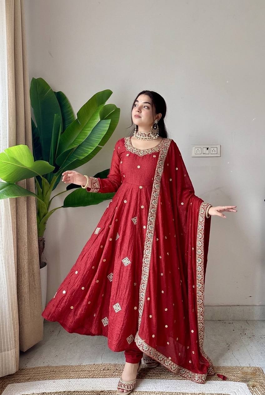 Festive Maroon Crunchy Silk Embroidered Anarkali Suit Set