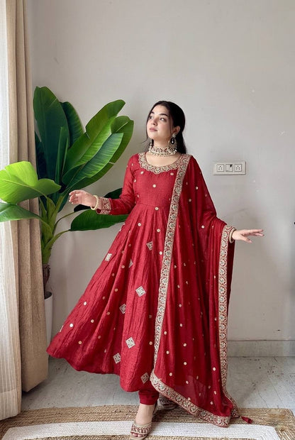 Festive Maroon Crunchy Silk Embroidered Anarkali Suit Set