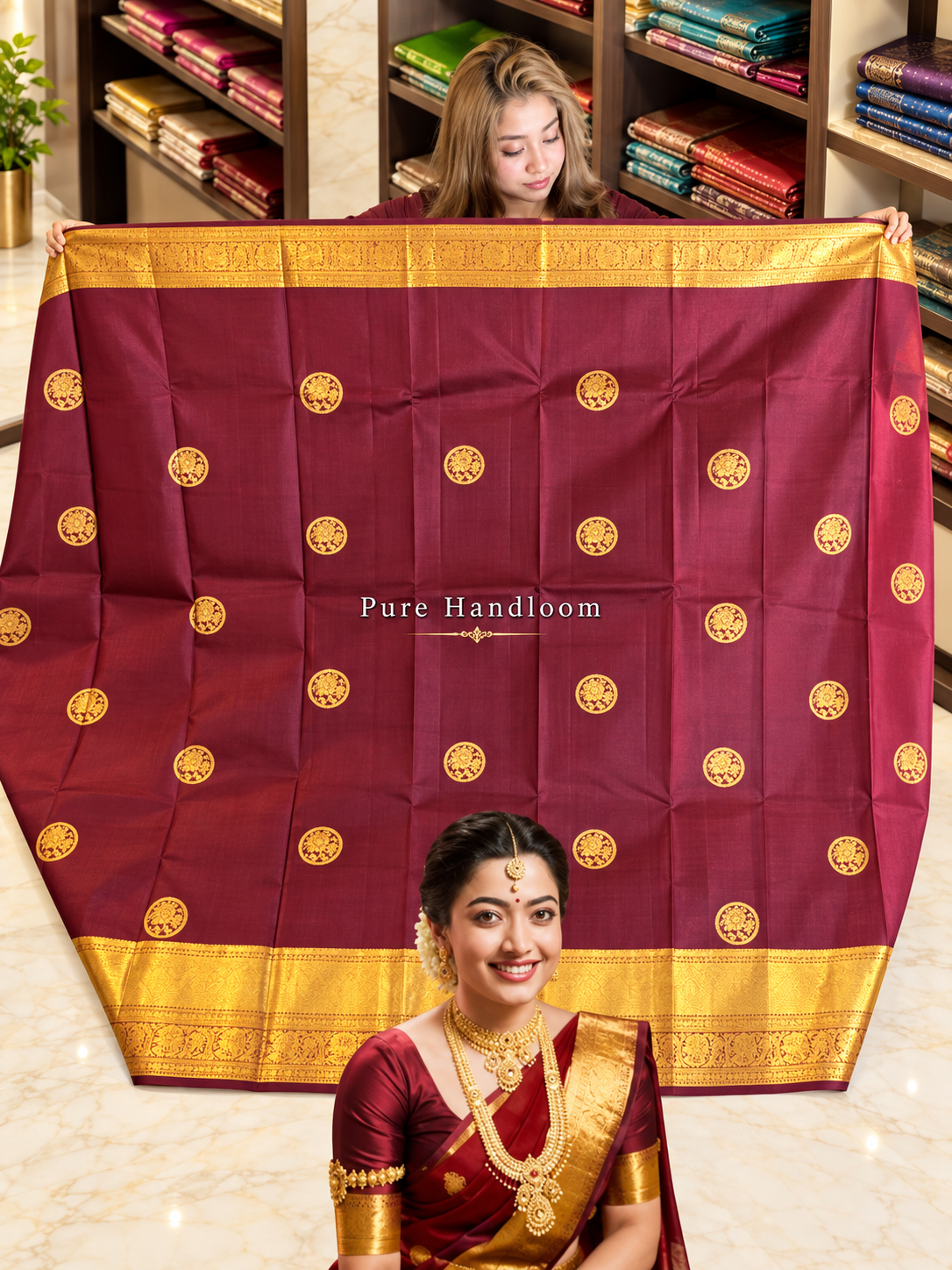 Beautiful Maroon Soft Banarasi Silk Saree with Traditional Floral Medallions
