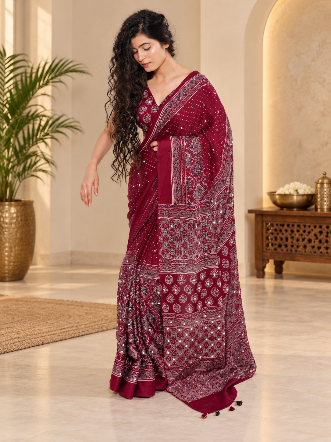 Elegant Traditional Ajrakh Block Printed Gajji Silk Saree With Real Mirror Work