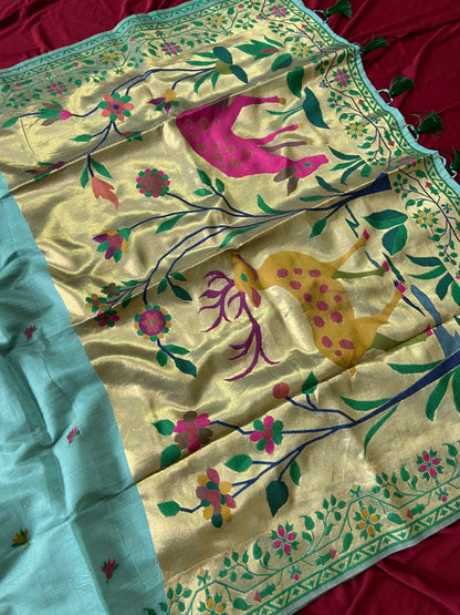 Premium Muga Cotton Paithani Saree with Woven Deer Motif