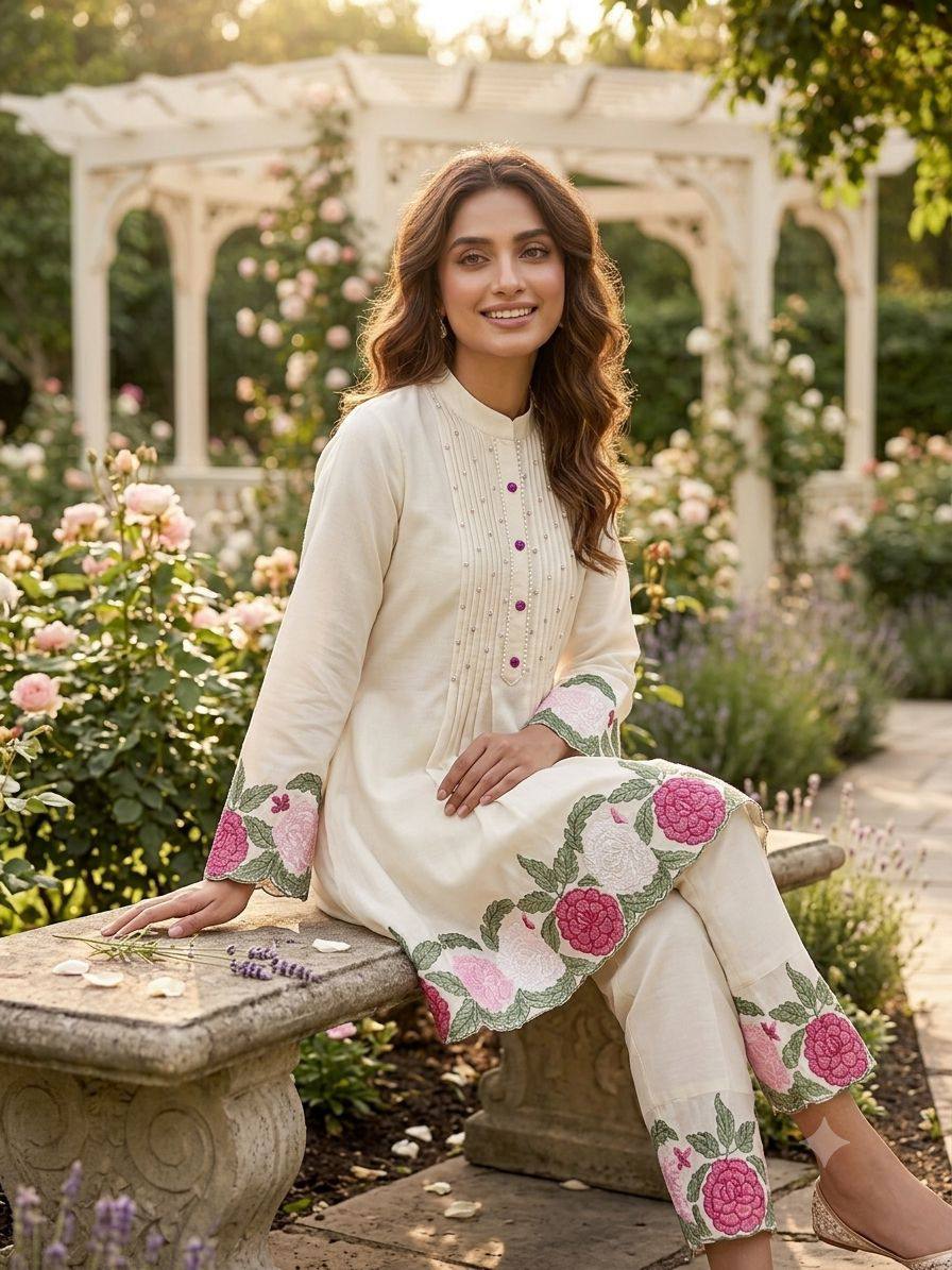 Premium Roman Silk Floral Embroidered Co-ord Suit Set