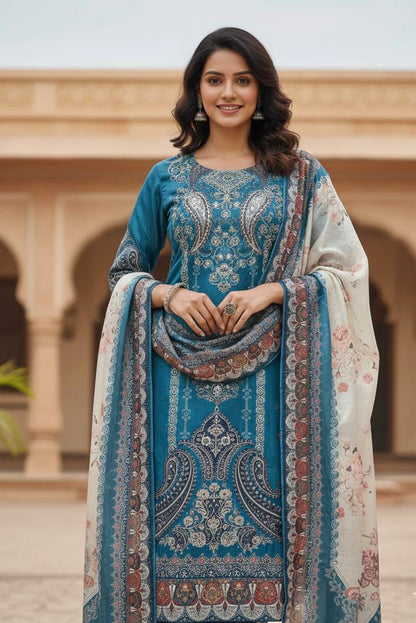 Elegant Teal Blue Chinon Printed Suit Set with Real Mirror Work