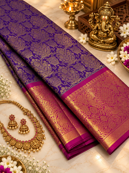 Royal Purple Pure Kanjivaram Silk Saree with Heavy Zari Border