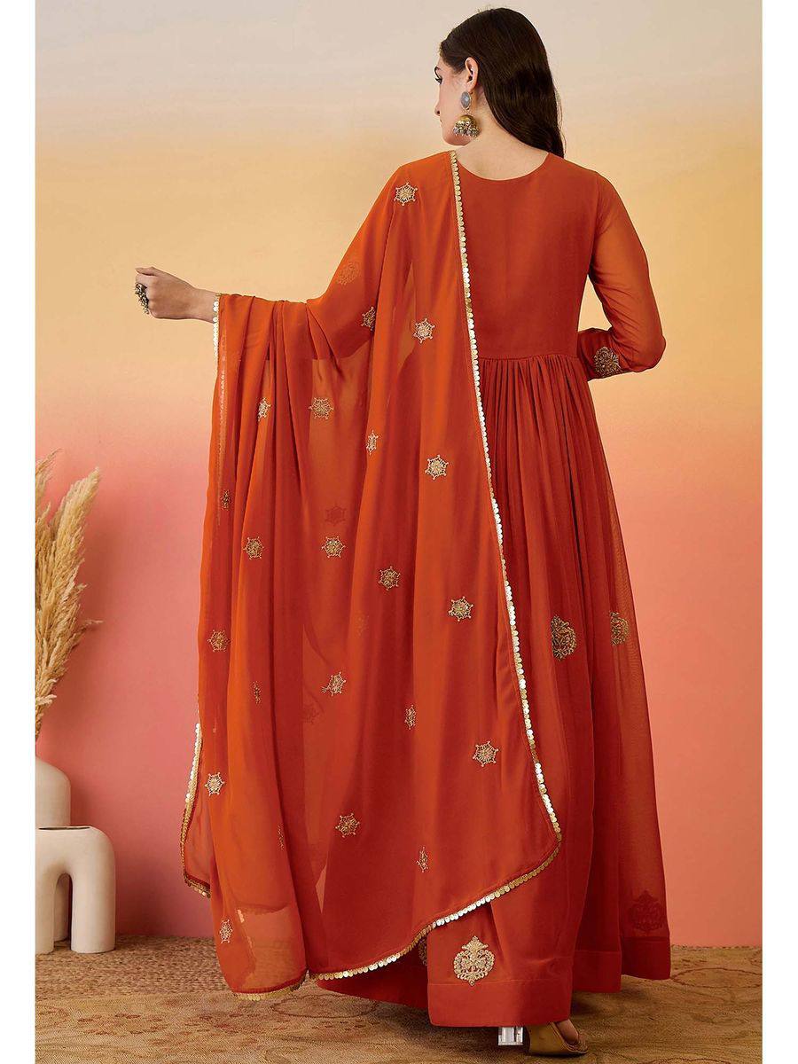 Designer Rust Orange Faux Georgette Embroidered Anarkali Suit Set with Dupatta