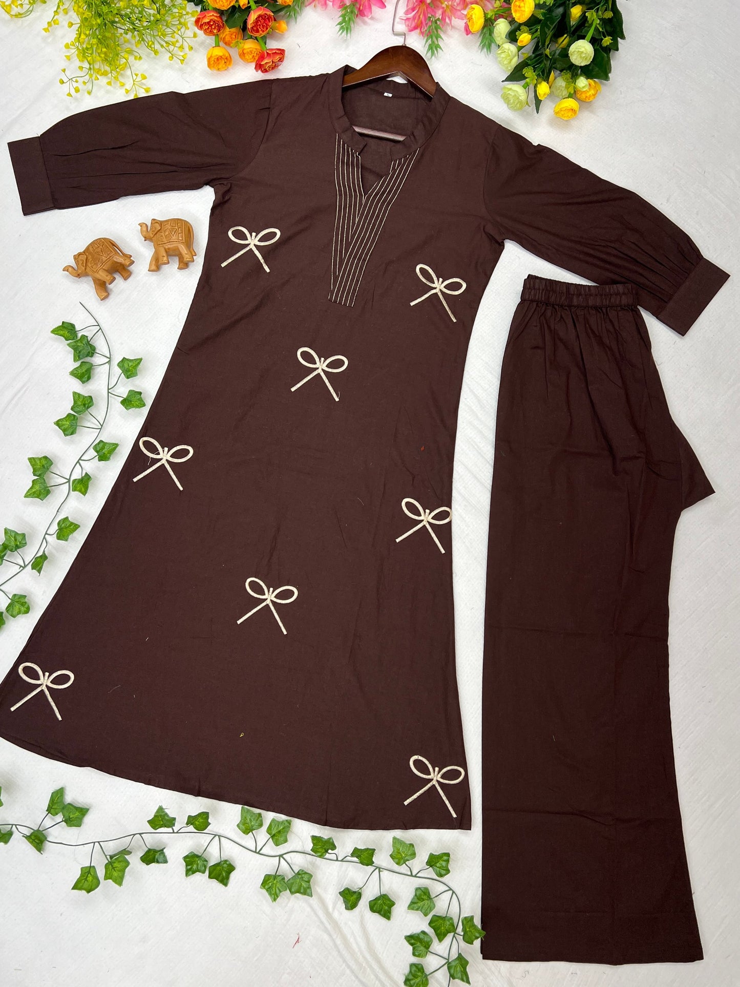 Elegant Mocha Brown Voile Cotton A-Line Tunic Set with Thread Work